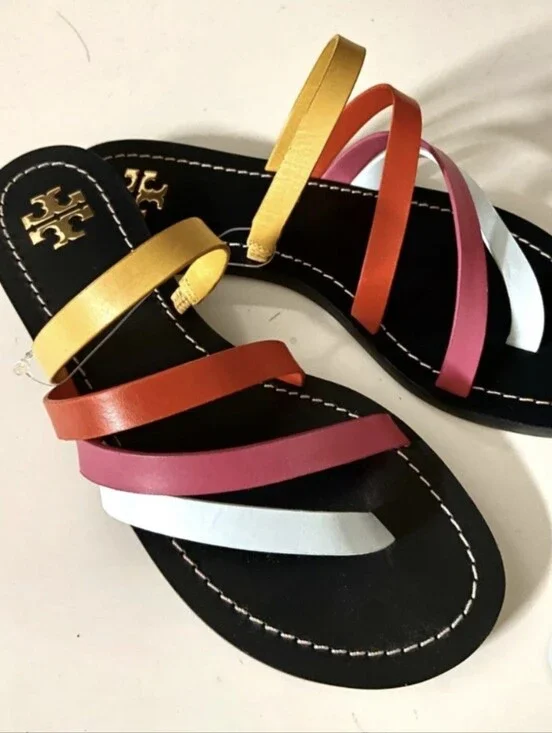 Tory Burch Patos Flat Slide Multi Color Strappy Leather Sandals 9