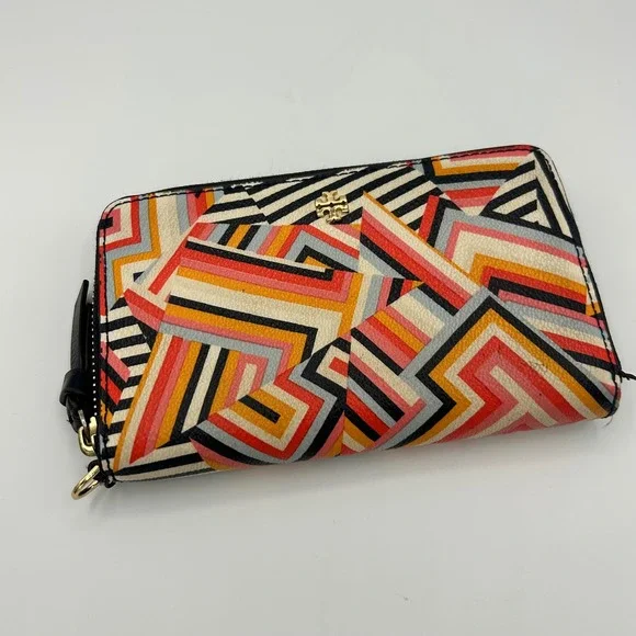 Tory Burch Geometric Chevron Zip Around Wallet Wristlet Orange Pink Black Gold