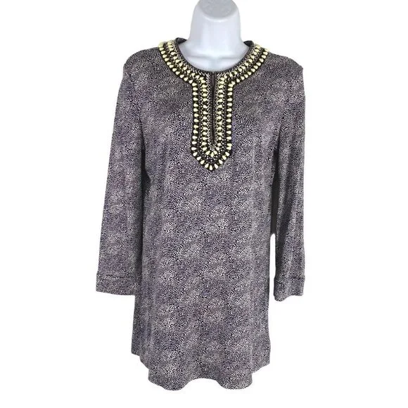 Tory Burch Top Womens Small Silk Beaded Neck Printed‎ 3/4 Sleeve TP-2370