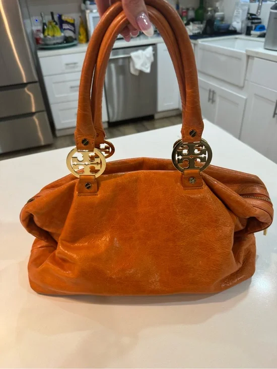 Tory Burch Orange Leather Double-Handle Shoulder Bag with Gold Logo Hardware