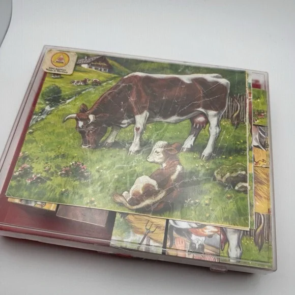 Vtg 20 Cube Puzzle Block Set 4 Sided West Germany ~ Cat Horse Cow Children Dogs