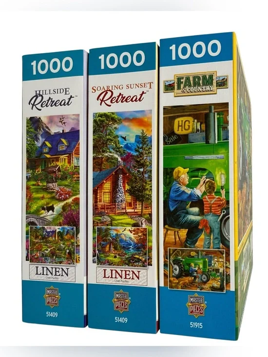 MasterPieces Lot of 3 Jigsaw Puzzles 1000 Piece Linen Collection Retreats & Farm