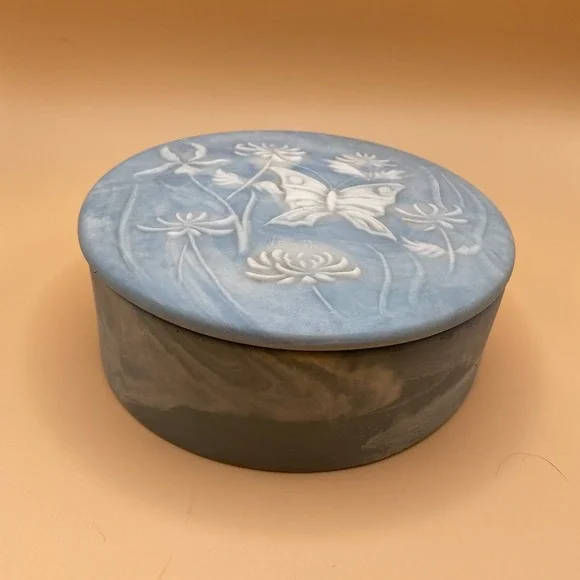 Vintage Design Gift Intern'l Stone Blue Flowers Butterfly Trinket Jewelry Box US