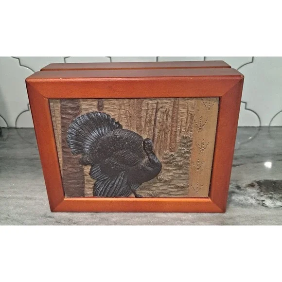 Wooden Jewelry box Carved Turkey Design W/ Turkey Sound Effect 7x5.5x2.75