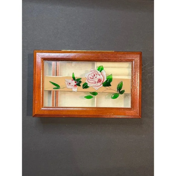 Vintage Wood Jewelry Box Pink Rose Stained Glass Lid Removable Tray Organizer