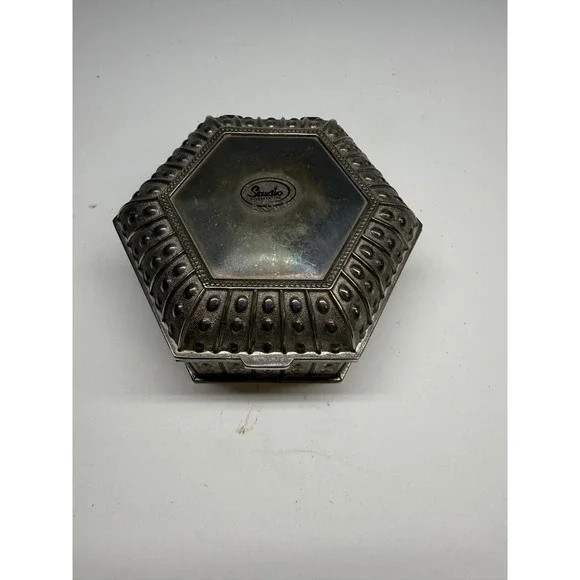 Studio Silversmiths Hexagon Jewelry Box SilverPlated Beaded Velvet Lined Vintage