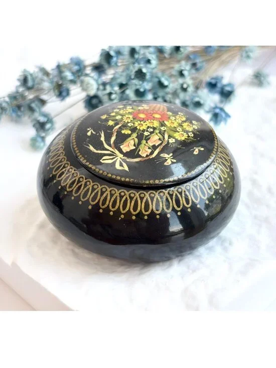 Russian Lacquer Handmade Wooden Floral Vintage Trinket Box | Jewelry Box