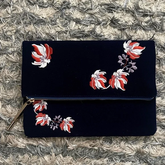 Luxury Handmade Embroidered Sapphire Blue Velvet Clutch, Gold Hardware