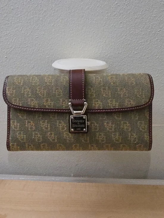 Dooney & Bourke Olive Signature Logo Clutch with Brown Trim