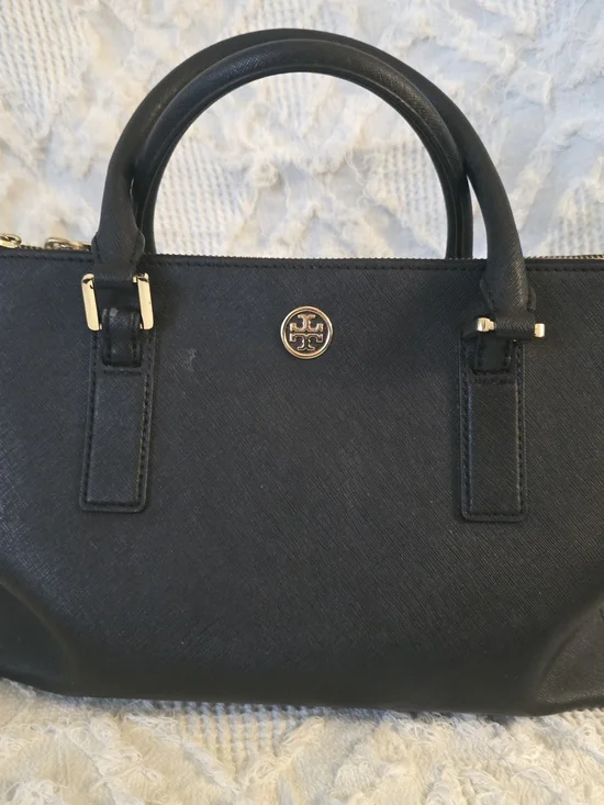 Tory Burch Black Saffiano Leather Satchel with Gold Logo