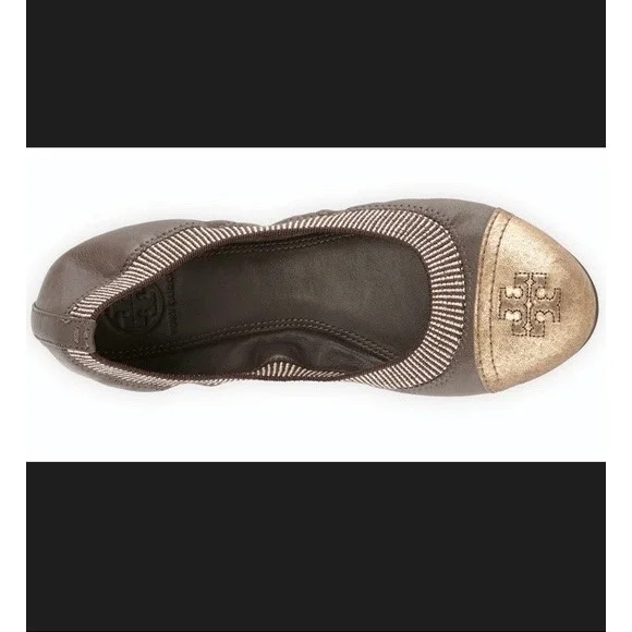 Tory Burch Sz 8.5 Gabby Ballet Flats Gun Metal Leather Gold‎ Cap Toe Logo Shoes