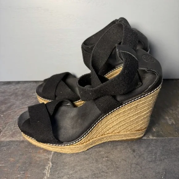 TORY BURCH Frieda Black Strappy Platform Sandals Espadrilles Size 8B