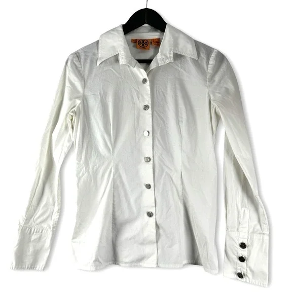 Tory Burch Womens Logo Button White Dress Shirt Top Blouse Sz 4