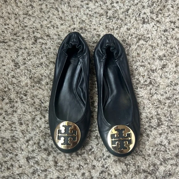 Tory Burch Black Flats with Gold Logo
