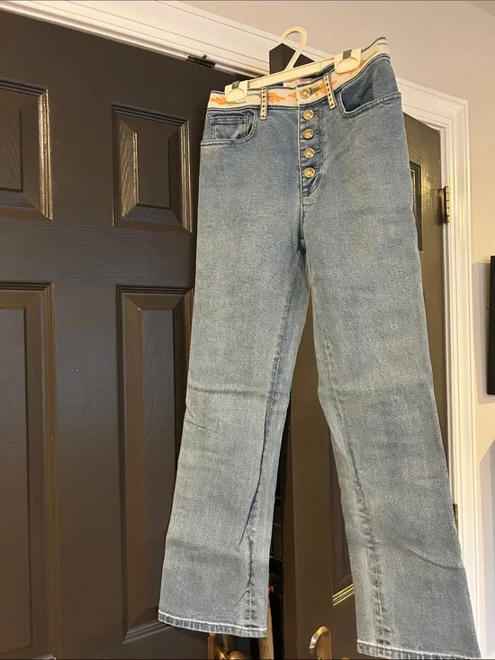 Tory Burch Light Blue Straight Leg Jeans with Gold Button and Ribbon Detail
