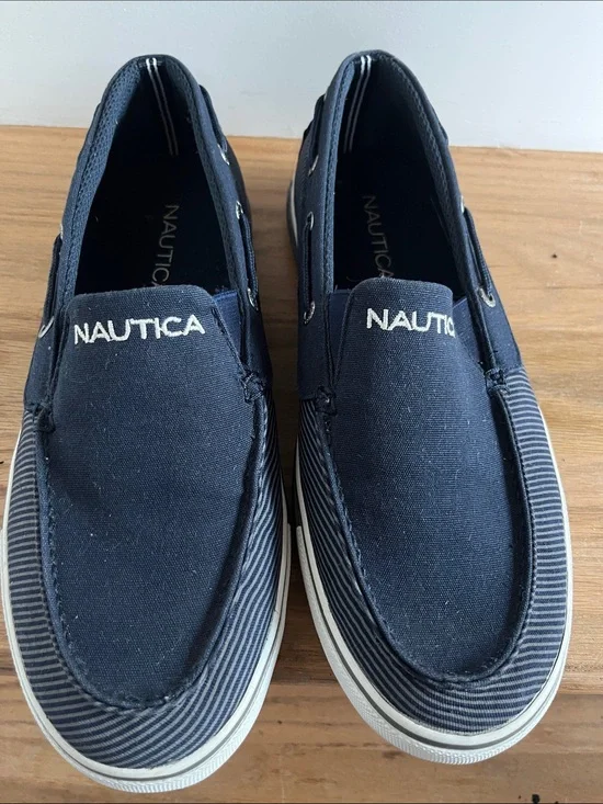 Nautica Men's Navy Canvas Slip-On Boat Shoes with White Accents