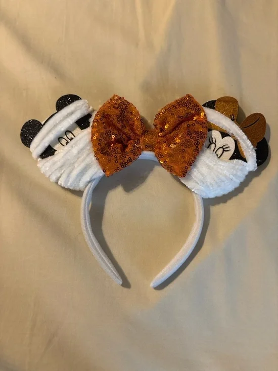 Disney Minnie Mickey Halloween Headband Ears Orange Sequin‎ Bowl