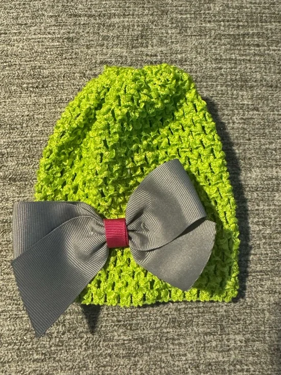 Neon Green Crochet Beanie with Grey Bow