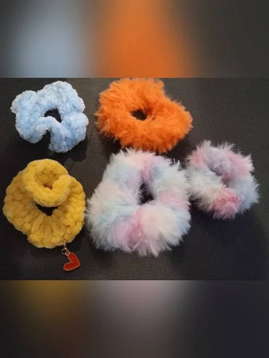 Kids Plush Fur Scrunchie Set - Pastel Multicolor, Orange, Yellow, Light Blue