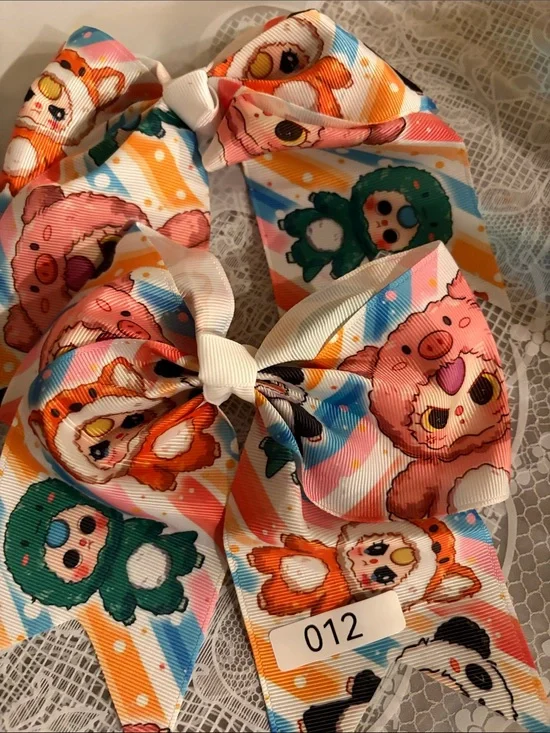 012, Kids Character Print Hair 2 Bows - Pink, Green, Orange
