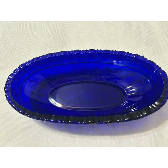 Vintage Tiara Glass Cobalt Blue Bird Berries Dish