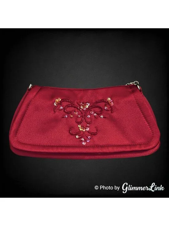 Deep Red Burgundy Embroidered Sequin Evening Clutch Purse