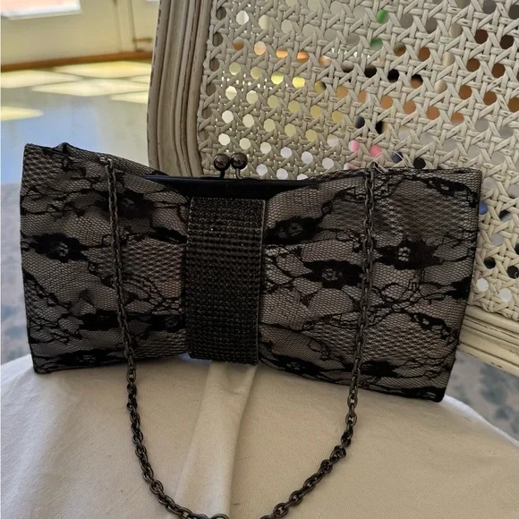 Black Lace Bow Evening Clutch with Chain Strap
