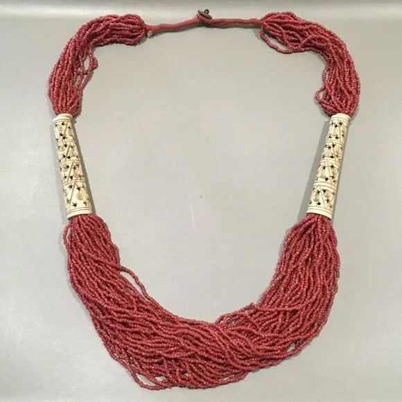 Vtg Coral Color Necklace Multi Strand Seed Beads Tubular Chunky Tribal 20”