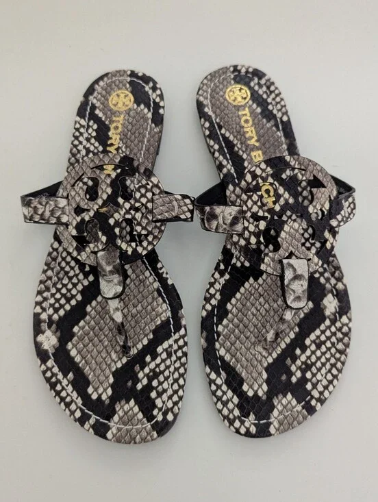 EUC! Tory Burch Miller Sandal In Black/Gray Snakeskin Print Size 7