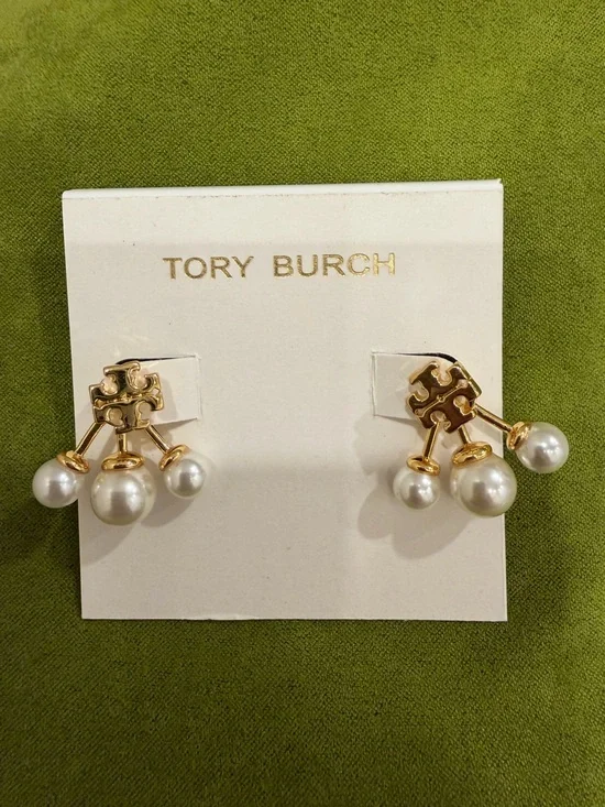 Tory Burch Gold Logo Earrings with White Pearl Drops