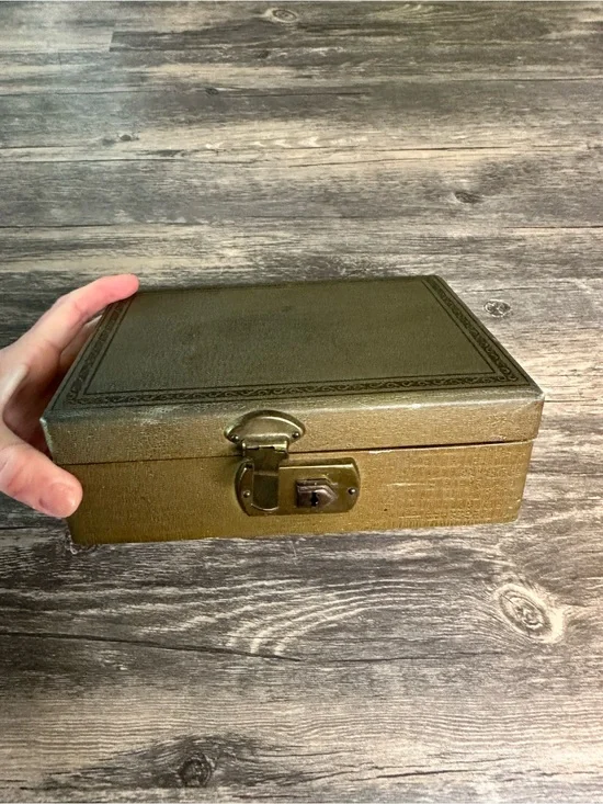 Vintage Locking Jewelry Box Olive Green Blue Velvet Brass Tone 9x6 Storage Case