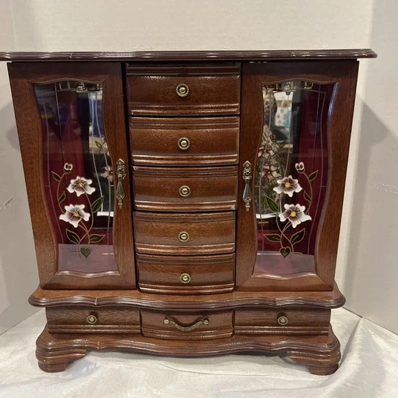 Vintage XL Wooden Jewelry Box Floral Glass Doors Mirror 6 Drawer Chest 16.5x16.5