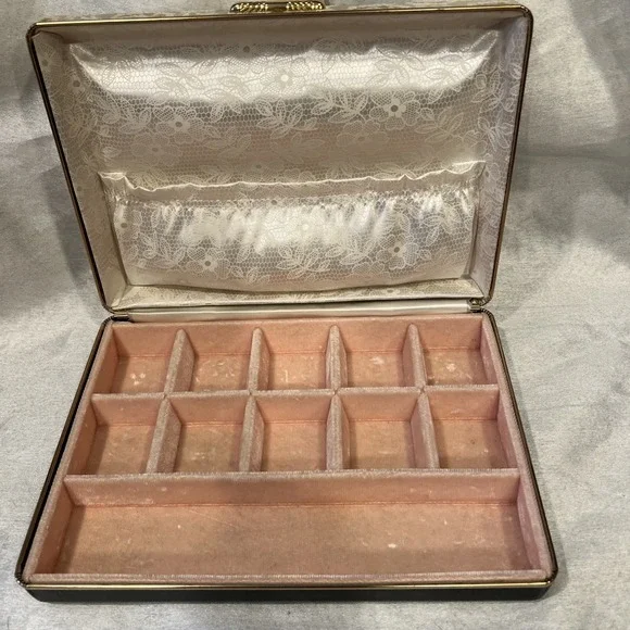 Vintage Hinged Meeker  Clamshell Jewelry Box Floral Top / Pink Velvet Liner