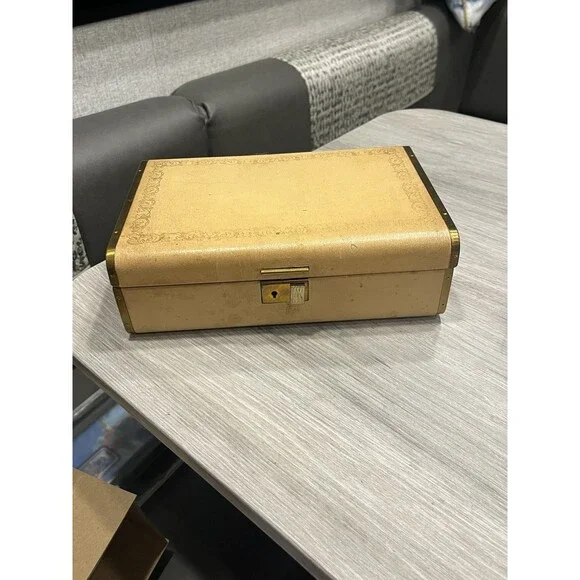 Vintage Fashioned By Farrington Texol Jewelry Box Travel Jewel Case Tan Purple