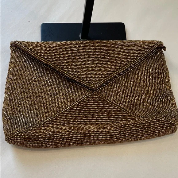 Elegant Brown Beaded Clutch envelope style snap closure