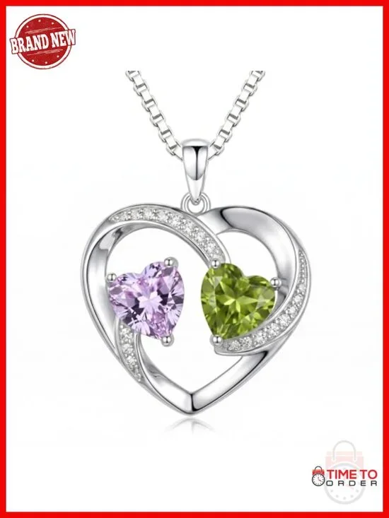 Double Heart Pendant Necklace with Birthstones 18k White Gold Plated Adjustable
