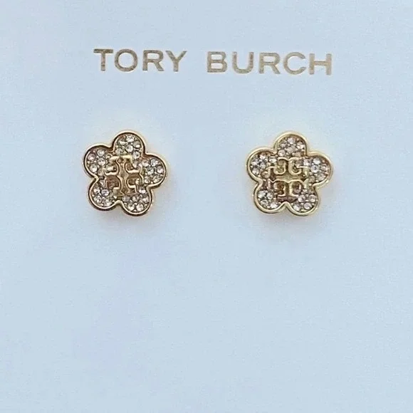 Tory Burch Gold Tone Crystal Pave Flower Logo Stud Earrings Womens