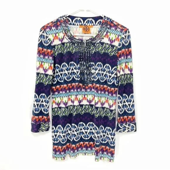 Tory Burch Women’s‎ Multicolor 100% Silk V-Neck Summer Blouse Tunic Top Size : M