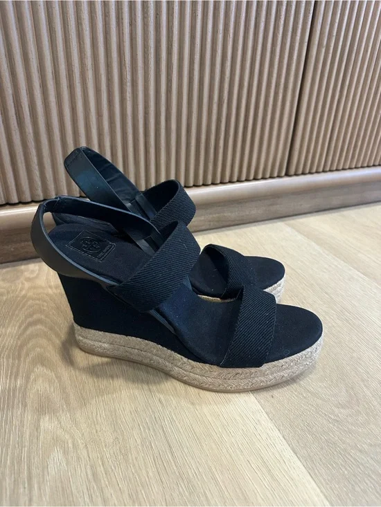 Tory Burch Black Canvas Espadrille Wedge Sandals 8