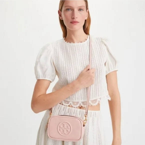 NWT Tory Burch Perry Bombe Mini Leather Crossbody Bag SHELL Pink Enbossed Logo