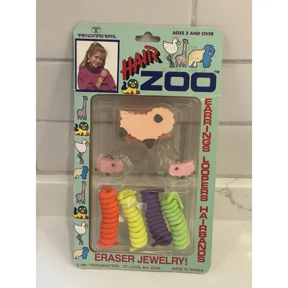 Vintage Hair Zoo Eraser Jewelry Animals Hairbands Loopers Earrings 1991 New