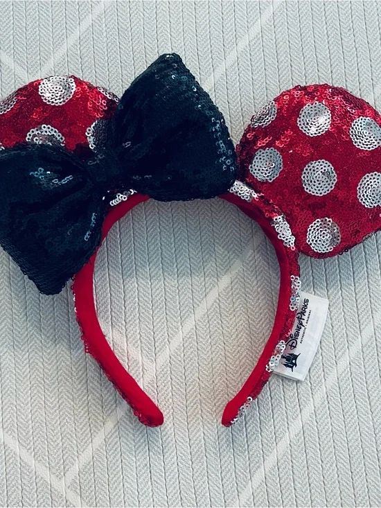 Disneyparks Minnie Ears Headband - Polka Dots With Black Bow Sequined
