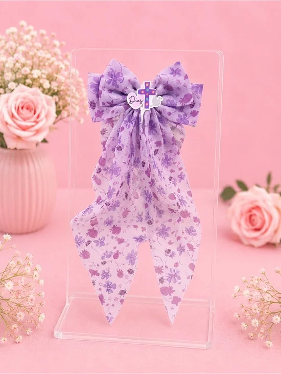 Handmade Christian Lavender Floral Chiffon Hair Bow | God Cross Long Tail Bow