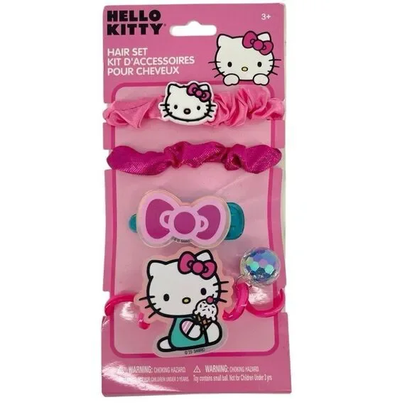 Hello Kitty Girls Hair Accessory Set — 3 Scrunchies + Bow Hair Clip | Pink | NWT