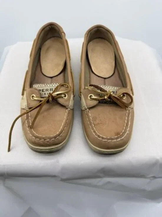 Angelfish Linen Gold Glitter Sperry Loafer Boat Shoes size 7.5W