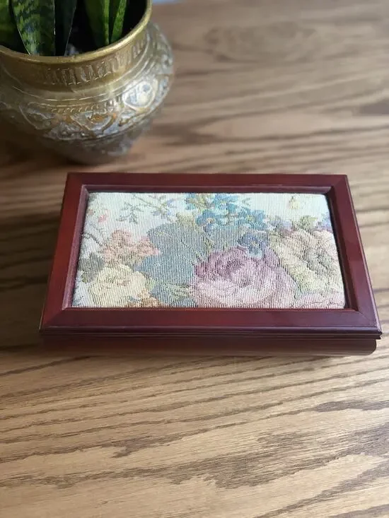 Vintage Cherry Wood Jewelry Box Hinged Tapestry Lid Pink Felted With Mirror