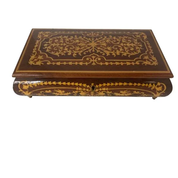 Vintage Wooden Inlaid Music Jewelry Box Ornate Floral Design Red‎ Velvet MCM