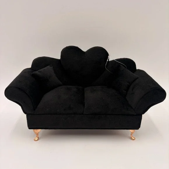 Black Velvet Heart Sofa Halloween Jewelry Box Miniature Couch Mirror Gold Legs