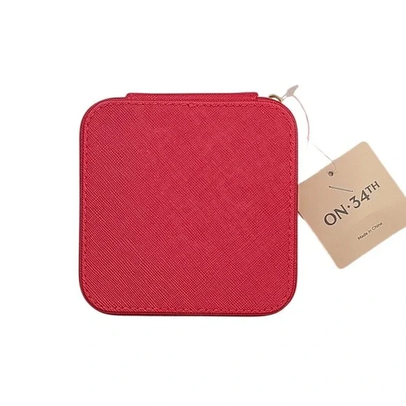 ON 34TH Red Saffiano Faux Leather Jewelry Travel Organizer Case Zippered‎ Pouch