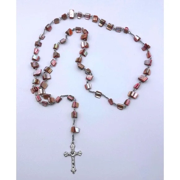Vintage Rosary Mother of Pearl‎ Style Beads Silver Tone Cross Made in Jerusalem
